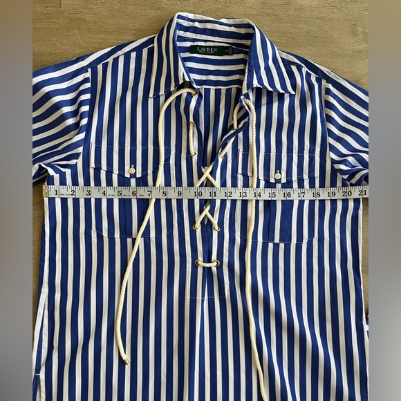 Lauren Ralph Lauren M Top Nautical Lace Up Front Tunic Top Shirt Blue Stripe - Picture 7 of 9